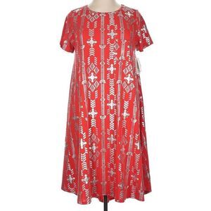 LuLaRoe Womens Dress Size XL Carly Elegant Red‎ Silver Foil Tribal Aztec NWT